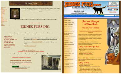 Screen Shots of Eidnes Furs web sites, www.eidnesfurs.com and www.fursandskins.com